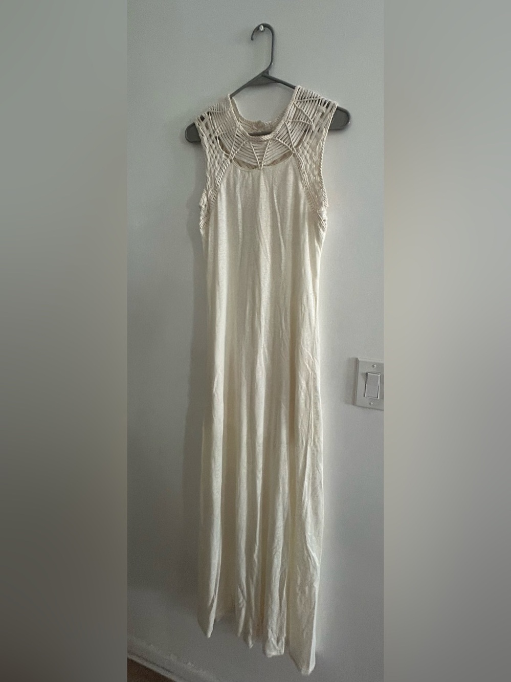 Maje Cream Maxi Dress with Braided Yoke 100 linen beach vacation dress